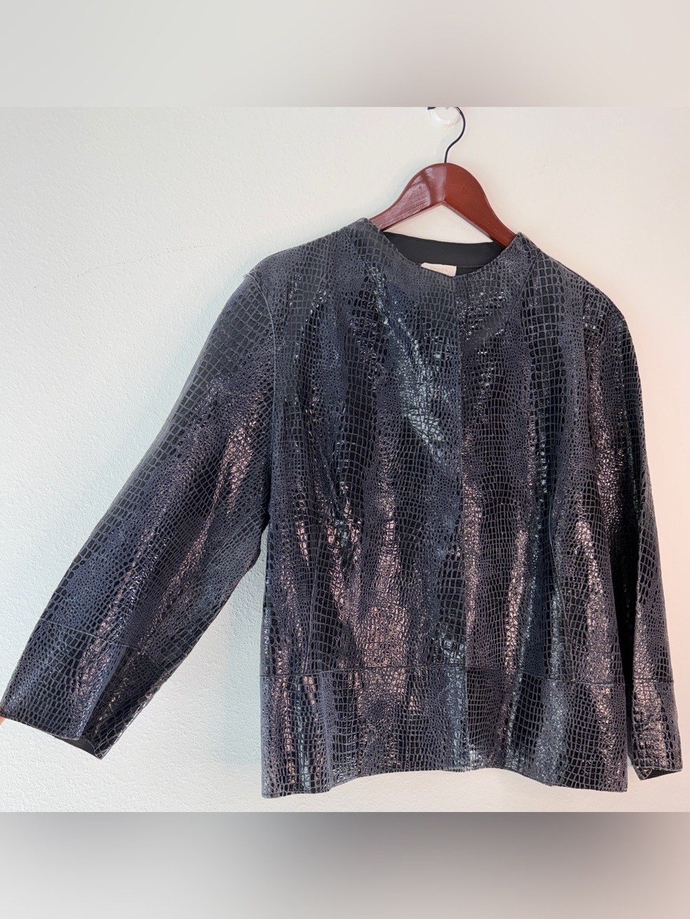 Chico's Metallic Animal Print Leather Jacket Navy Blue Black Fairy Grunge XL